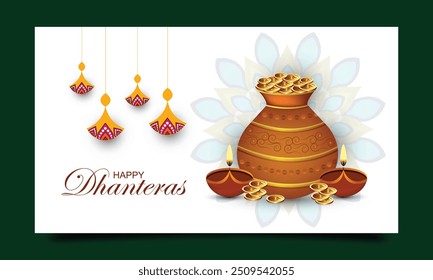 Happy Dhanteras festival card with golden coin pot and oil Diya