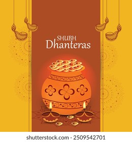 Happy Dhanteras festival card with golden coin pot and oil Diya