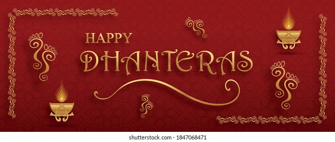 Happy dhanteras festival card with oriental elements and Diya lamp for the indian religious festival of lights on color background