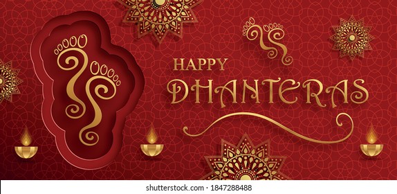 Happy dhanteras festival card with oriental elements and Diya lamp for the indian religious festival of lights on color background