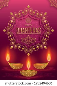 Happy dhanteras festival card with oriental elements and Diya lamp for the indian religious festival of lights on color background