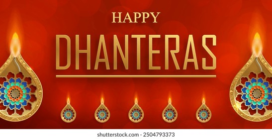 Happy dhanteras festival card with oriental elements and Diya lamp for the Indian religious festival of lights