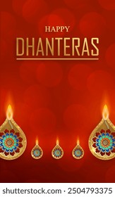 Happy dhanteras Festivalkarte mit orientalischen Elementen und Diya Lampe für das indische religiöse Festival der Lichter