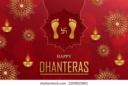 Happy dhanteras festival card with oriental elements and Diya lamp for the Indian religious festival of lights