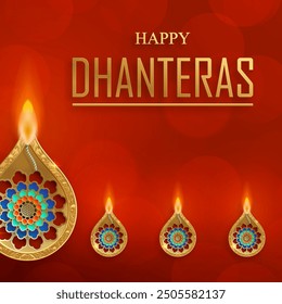 Happy dhanteras festival card with oriental elements and Diya lamp for the Indian religious festival of lights
