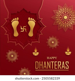 Happy dhanteras festival card with oriental elements and Diya lamp for the Indian religious festival of lights