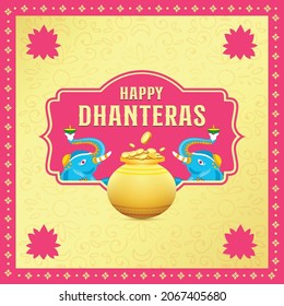 Happy Dhanteras festival celebration background with gold coin pot. Shubh Dhanteras, Diwali festival celebration.