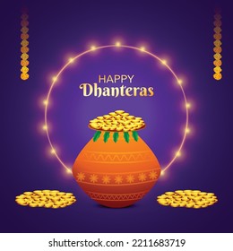 Happy dhanteras festival for gold coin in pot card background