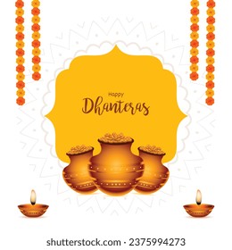 Happy Dhanteras festival greeting card with golden pot and Diya Vector Illustration