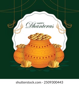 Happy Dhanteras festival greeting card with golden pot on green background