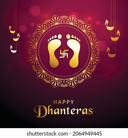 Happy Dhanteras Festival Greeting with decorative elements, oil lamps and symbolic footprints of Goddess Maha Laxmi. Indian religious festival Dhanteras, Diwali celebration background.