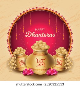 Feliz Ilustración vectorial del cartel del festival Dhanteras. Monedas de oro, olla de oro para el gráfico de la temporada de Diwali. Diseño de arte de mandala adornado. Publicación en redes sociales, tarjeta de felicitación, Sitio web, Anuncio, promoción de invitación