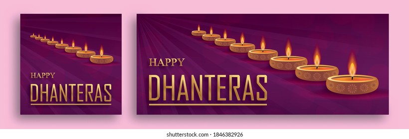 Happy dhanteras festival set card with oriental elements and Diya lamp for the indian religious festival of lights on color background