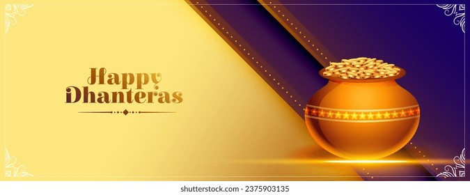 alegre cartel festivo de dhanteras con maceta de monedas y vector de efecto claro. Traducción: Feliz Dhanteras, dhan significa riqueza teras significa trece