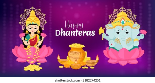 Happy Dhanteras. Goddess Lakshmi and God Ganesha sit on a lotus. Traditional Indian festival of lights. Vector illustration for banner or poster.