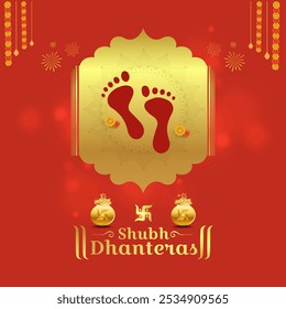 Felices Dhanteras. Huellas de la diosa Maa Lakshmi. Vector de diseño de publicaciones en redes sociales. Tarjeta de felicitación del festival indio. Olla de oro, Kalash