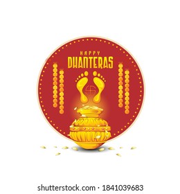 Happy Dhanteras,  Gold coin in pot for Dhanteras celebration festival  with Maa Lakshmi footprint and background