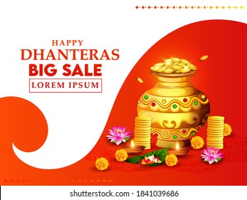 Happy Dhanteras,  Gold coin in pot for Dhanteras celebration festival  with Maa Lakshmi footprint and background