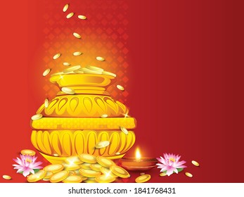 Happy Dhanteras, Gold coin in pot for Dhanteras celebration festival  with Maa Lakshmi footprint and background