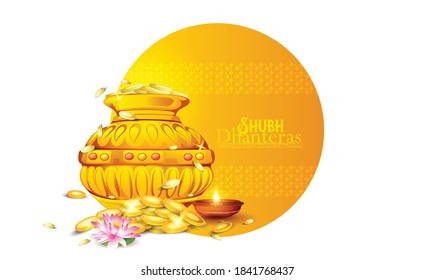 Happy Dhanteras, Gold coin in pot for Dhanteras celebration festival  with Maa Lakshmi footprint and background