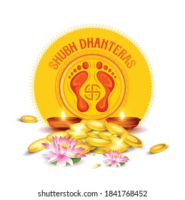 Feliz Dhanteras, Moneda de oro en la olla para la celebración de Dhanteras con la huella y los antecedentes de Maa Lakshmi