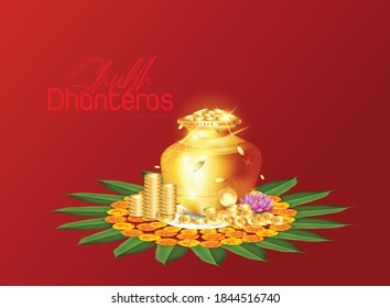 Happy Dhanteras, Gold coin in pot for Dhanteras celebration festival  with Maa Lakshmi and background