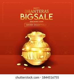 Happy Dhanteras, Gold coin in pot for Dhanteras celebration festival  with Maa Lakshmi and background