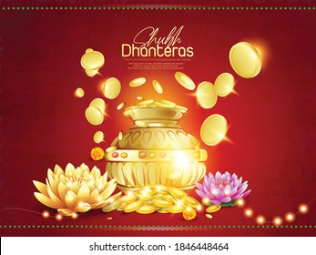 Happy Dhanteras, Gold coin in pot for Dhanteras celebration festival  with laxmi Ganesh and background