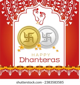 happy dhanteras gold and silver coin with laxmi footprint ,oil diya  background poster design