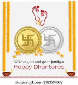 Feliz Dhanteras con moneda de oro y plata. Logo de Swastik y vectores de huellas de pies devi