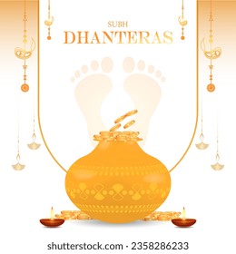 Happy Dhanteras - Golden pot and coins for Dhanteras festival, vector banner