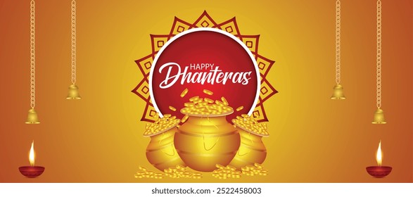 Happy Dhanteras Golden Pot with Gold coins vector poster