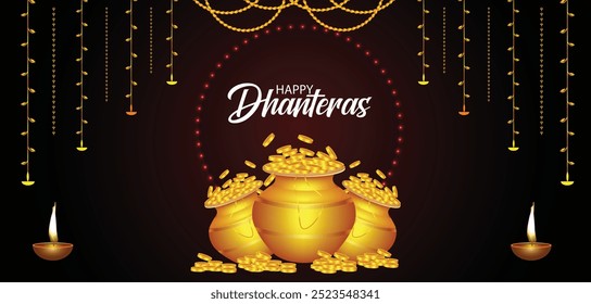 Happy Dhanteras Golden Pots with gold coins vector poster