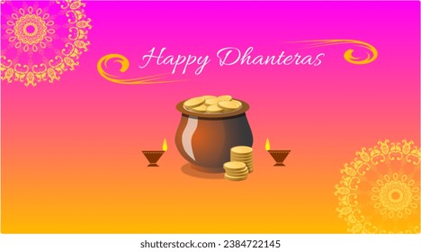 Feliz Dhanteras con fondo rosa y amarillo gradiente con ilustraciones en maceta de dinero para publicaciones en medios sociales, carteles, volantes y anuncios.