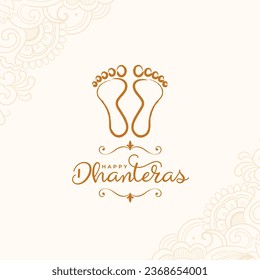 happy dhanteras greeting background with goddess laxmi charan for worship vector. Translation: Happy Dhanteras, dhan means wealth teras means thirteen