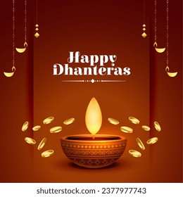 happy dhanteras greeting background with golden coin and oil lamp vector. Translation: Happy Dhanteras, dhan means wealth teras means thirteen