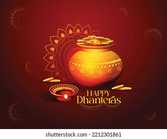  Happy Dhanteras greeting card with beautiful oil lamps, gold coins, Kalash and Rangoli. Illustration with shiny background for Happy Diwali. Shubh Deepawali design illustration card.