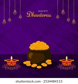 Happy Dhanteras Greeting Card. Hindu Festival Dhanteras Celebration Vector Illustration with text space.