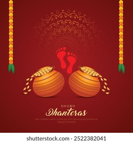 Tarjeta de felicitación feliz de Dhanteras y fondo del poste. Celebración de la Ilustración vectorial ganpati y laxmi puja.