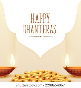 happy dhanteras hindu festival background with gold coin and diya 