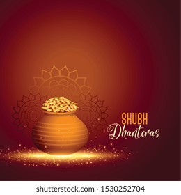 happy dhanteras hindu festival with golden coin pot 