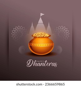 happy dhanteras holiday background with temple and golden coin pot vector