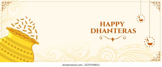 happy dhanteras holiday banner with golden pot for festive decor vector. Translation: Happy Dhanteras, dhan means wealth teras means thirteen