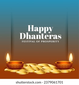 happy dhanteras holiday event background with glowing oil lamp vector. Translation: Happy Dhanteras, dhan means wealth teras means thirteen