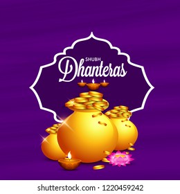 Happy Dhanteras Illustration Background With Golden Coin pot.