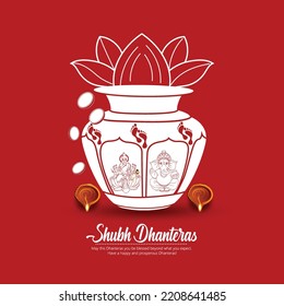 Happy Dhanteras illustration of Goddess Laxmi blessing hand with Gold coin in pot creative for Indian festival Dhanteras and Diwali celebration