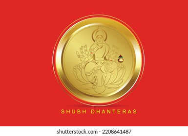 Feliz Dhanteras ilustración de la diosa Laxmi bendiciendo mano con moneda de oro en una maceta creativa para el festival indio Dhanteras y la celebración del Diwali