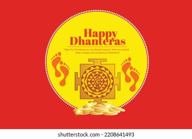 Feliz Dhanteras ilustración de la diosa Laxmi bendiciendo mano con moneda de oro en una maceta creativa para el festival indio Dhanteras y la celebración del Diwali