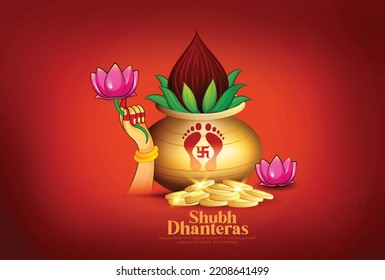 Happy Dhanteras illustration of Goddess Laxmi blessing hand with Gold coin in pot creative for Indian festival Dhanteras and Diwali celebration