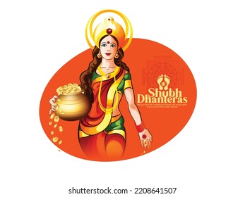 Happy Dhanteras illustration of Goddess Laxmi blessing hand with Gold coin in pot creative for Indian festival Dhanteras and Diwali celebration